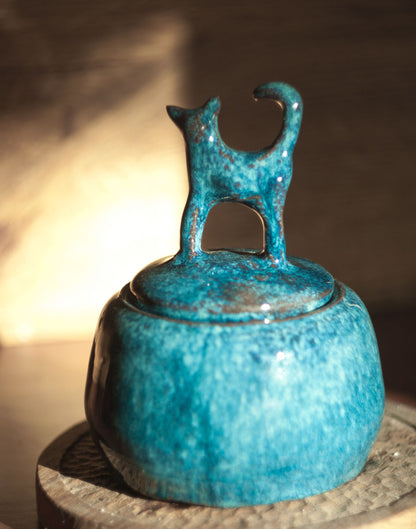 Suikerpot met kat blauw