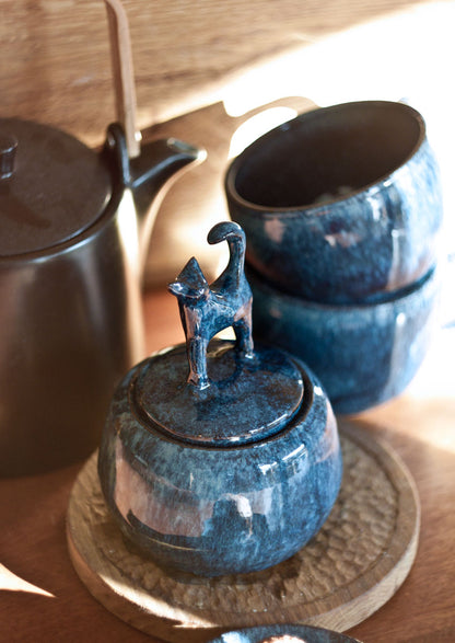 Suikerpot met kat blauw