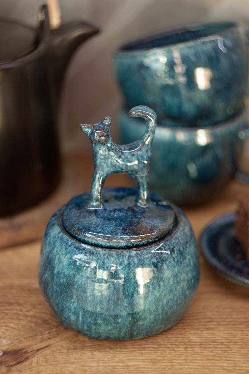 Suikerpot met kat blauw