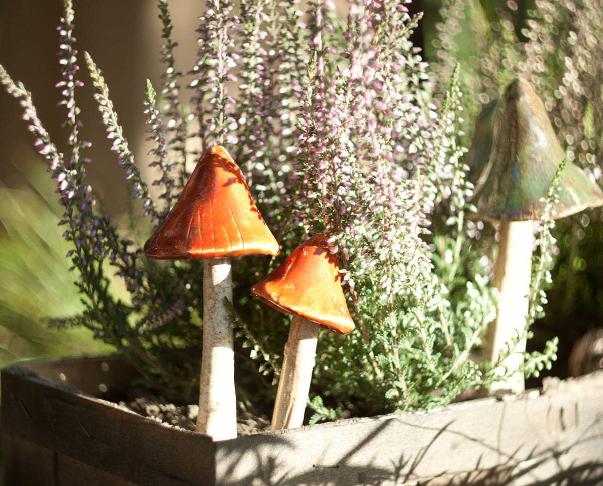 Dwa ceramiczne grzybki ogrodowe w drewnianej donicy